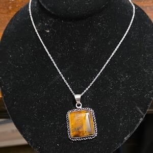 9.25 Silver Tiger's Eye Pendant Necklace - Brown Stone
